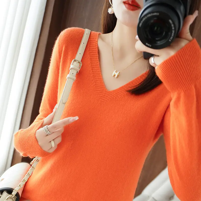 Red V Neck Long Sleeve Knit Pullover Women - Image 14