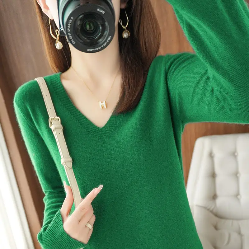Red V Neck Long Sleeve Knit Pullover Women - Image 16