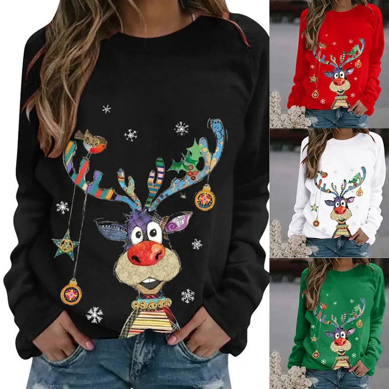 Women Christmas Deer Print Sweatshirt White Long Sleeve