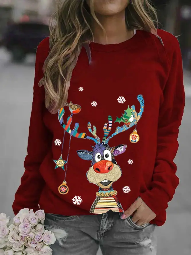 Women Christmas Deer Print Sweatshirt White Long Sleeve