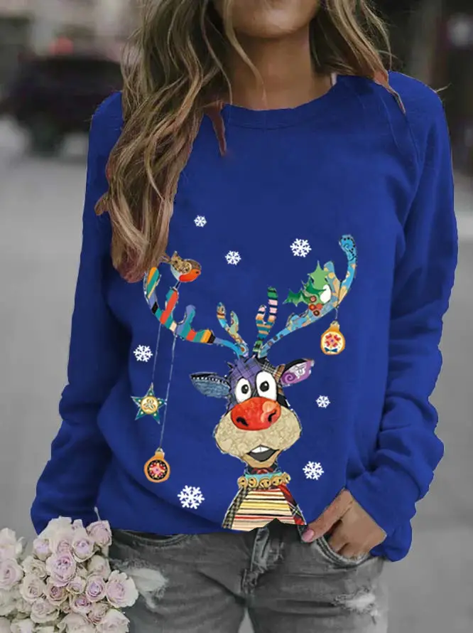 Women Christmas Deer Print Sweatshirt White Long Sleeve
