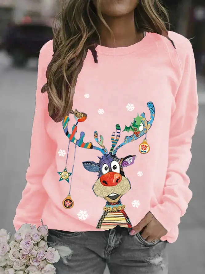 Women Christmas Deer Print Sweatshirt White Long Sleeve