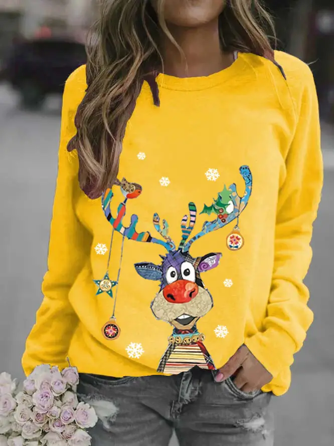 Women Christmas Deer Print Sweatshirt White Long Sleeve