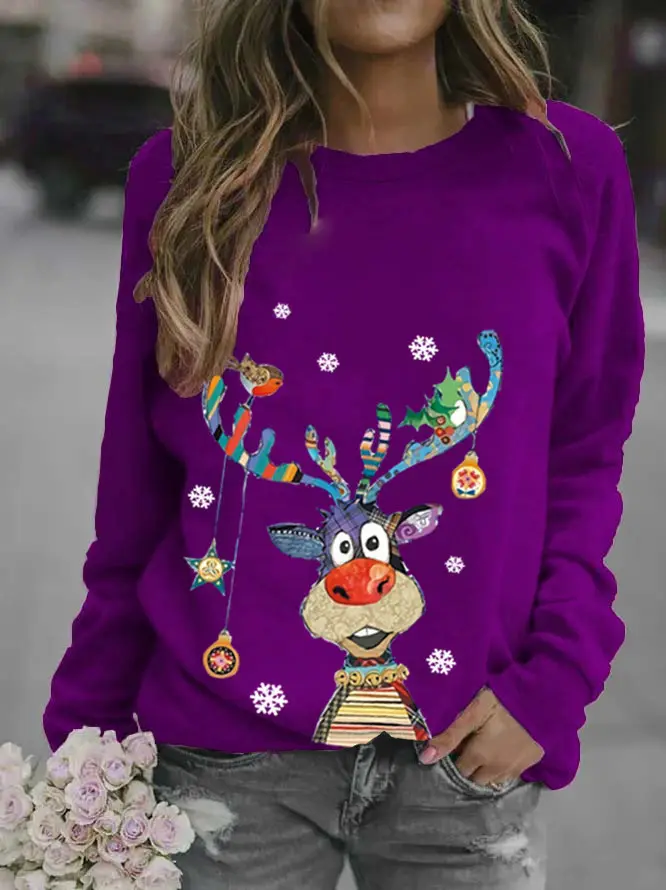 Women Christmas Deer Print Sweatshirt White Long Sleeve