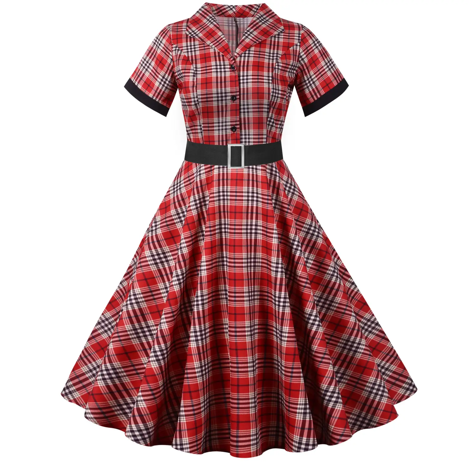 Vintage Plaid Bell Belt Casual Dress Red Black — feature 2