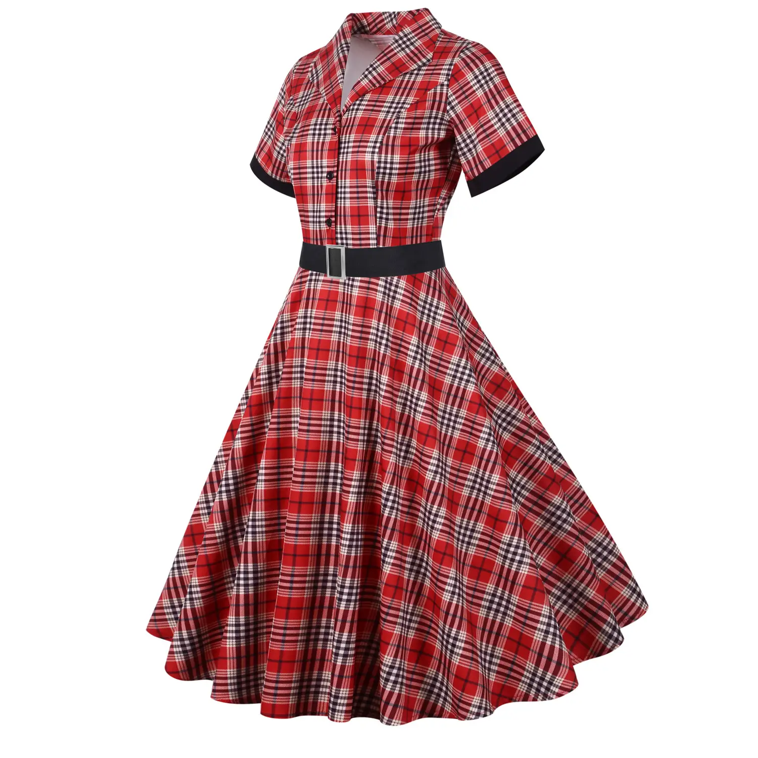 Vintage Plaid Bell Belt Casual Dress Red Black — feature 3