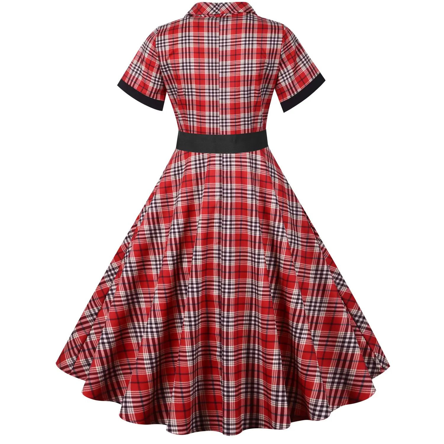 Vintage Plaid Bell Belt Casual Dress Red Black — feature 4