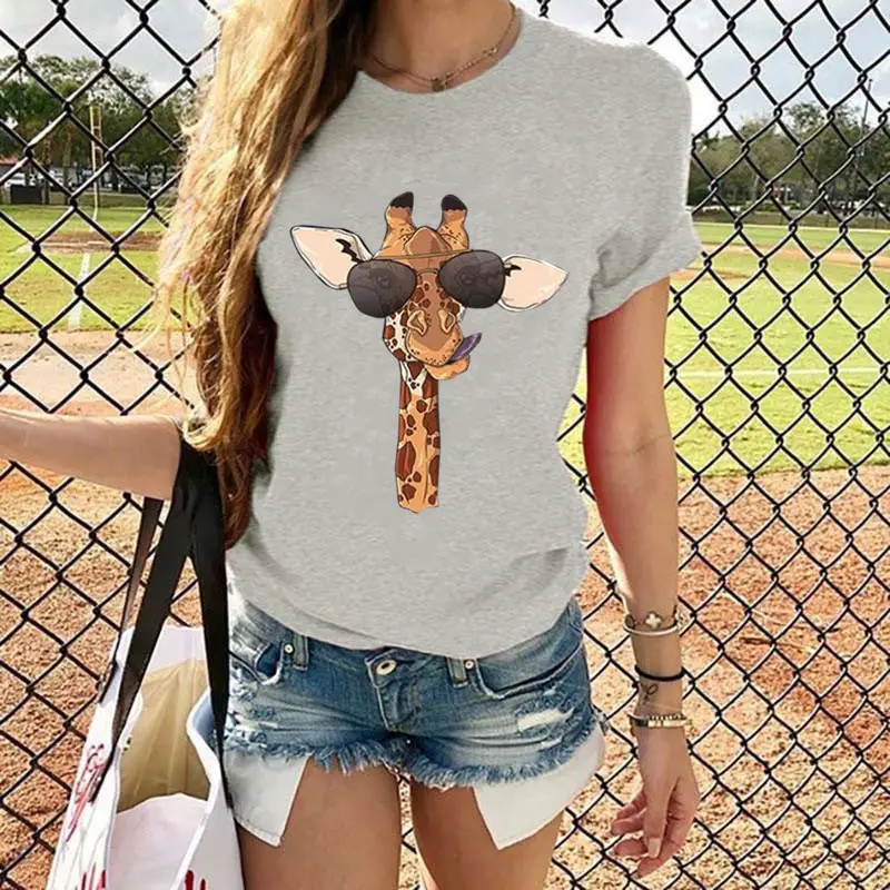 2020 Summer Cartoon Giraffe Printed Women T-Shirt Black - Image 2