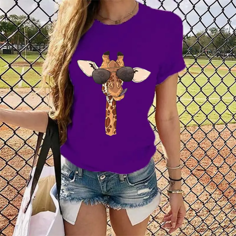 2020 Summer Cartoon Giraffe Printed Women T-Shirt Black - Image 3
