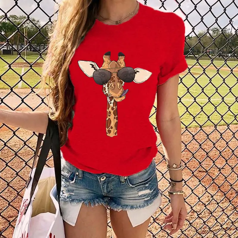 2020 Summer Cartoon Giraffe Printed Women T-Shirt Black - Image 4