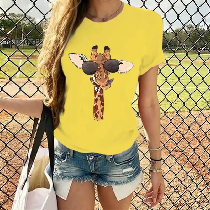 2020 Summer Cartoon Giraffe Printed Women T-Shirt Black - Image 5