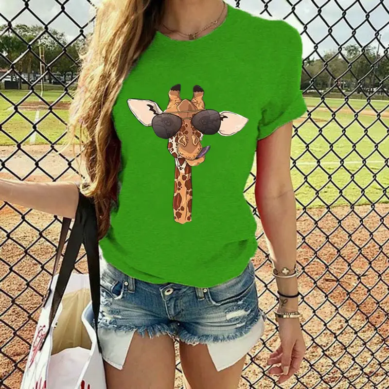 2020 Summer Cartoon Giraffe Printed Women T-Shirt Black - Image 10