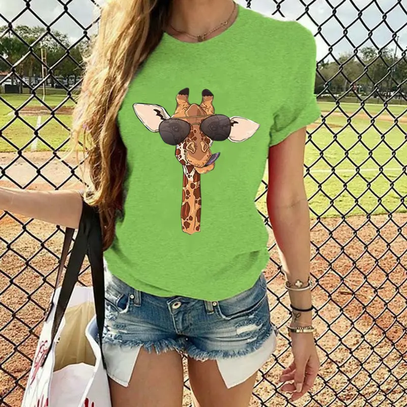 2020 Summer Cartoon Giraffe Printed Women T-Shirt Black - Image 11