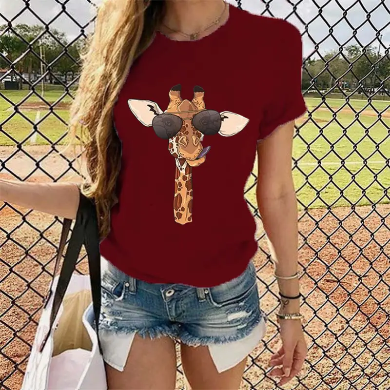 2020 Summer Cartoon Giraffe Printed Women T-Shirt Black - Image 12