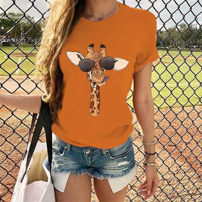 2020 Summer Cartoon Giraffe Printed Women T-Shirt Black - Image 13
