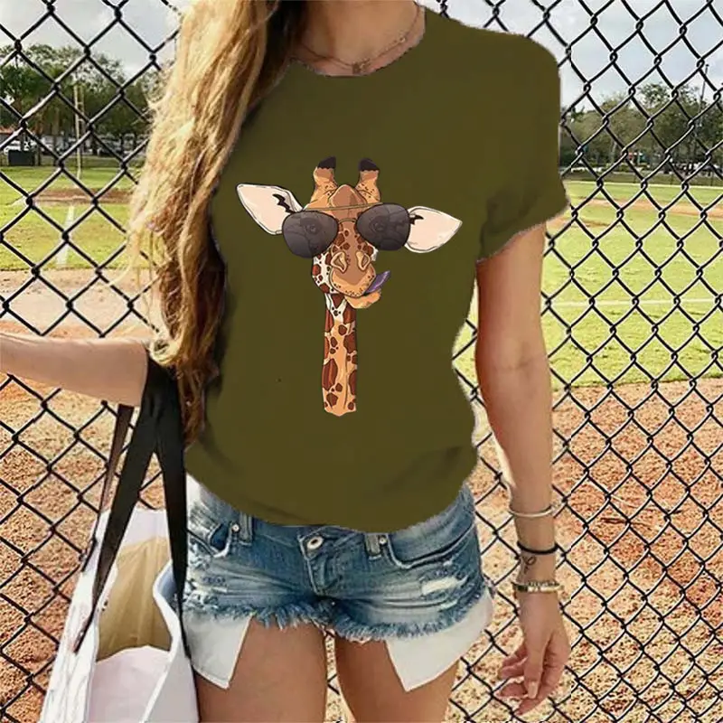2020 Summer Cartoon Giraffe Printed Women T-Shirt Black - Image 14