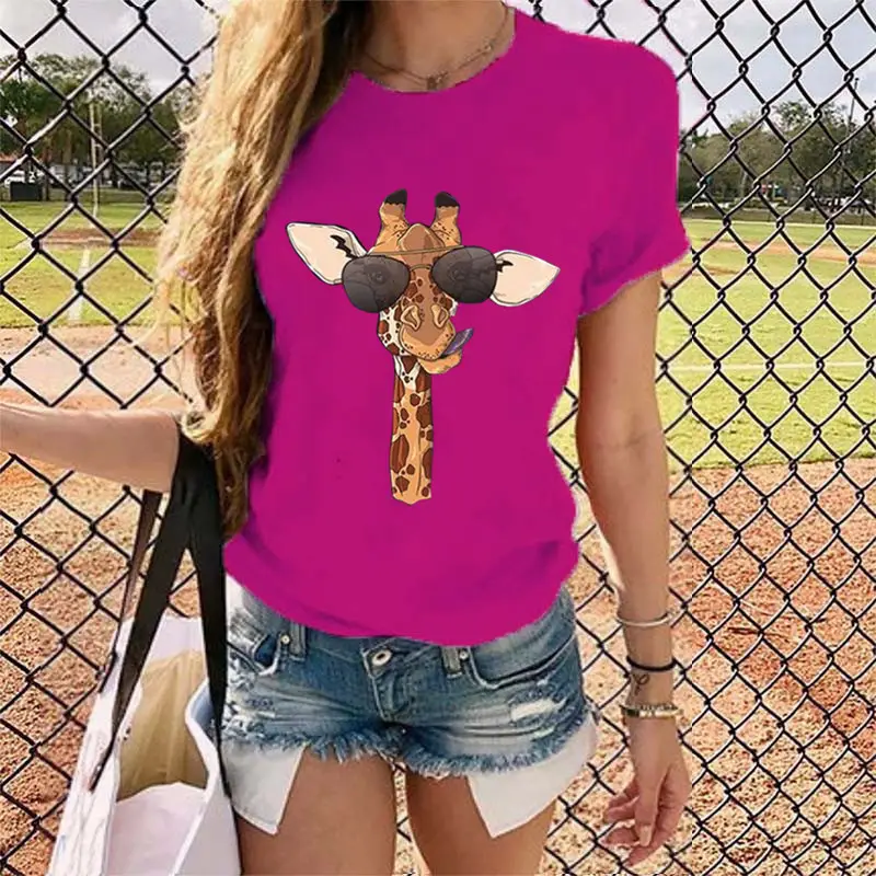 2020 Summer Cartoon Giraffe Printed Women T-Shirt Black - Image 15