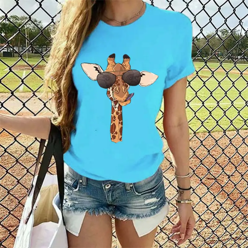 2020 Summer Cartoon Giraffe Printed Women T-Shirt Black - Image 16