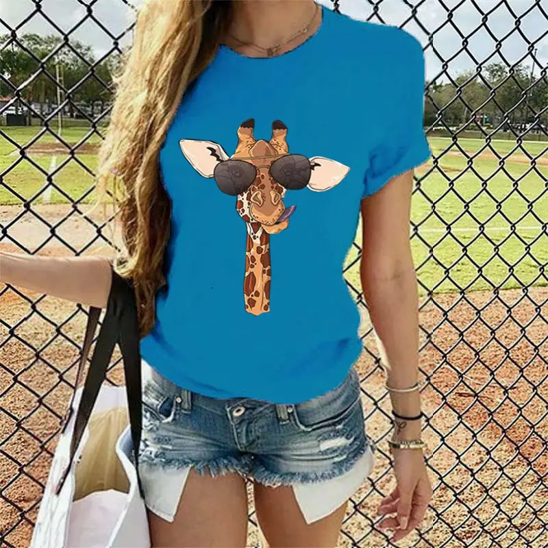 2020 Summer Cartoon Giraffe Printed Women T-Shirt Black - Image 17