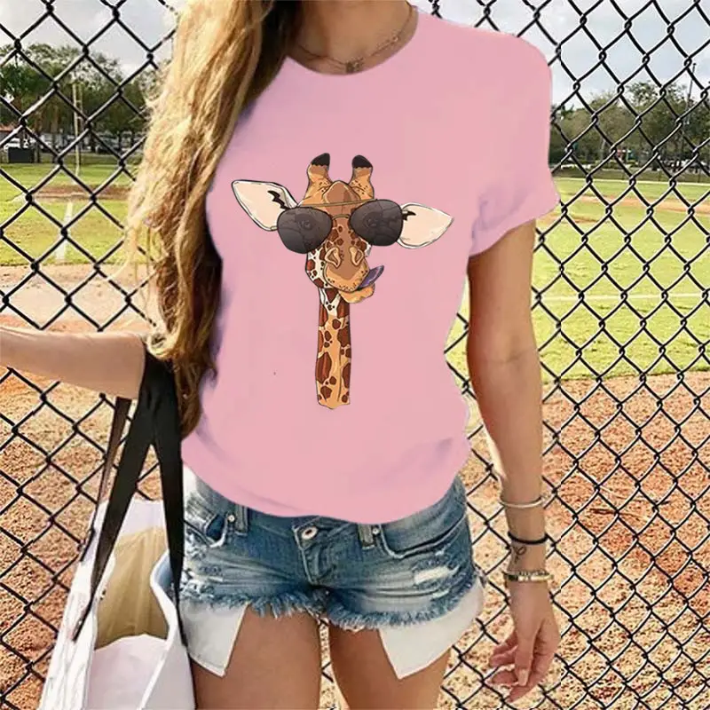2020 Summer Cartoon Giraffe Printed Women T-Shirt Black - Image 6