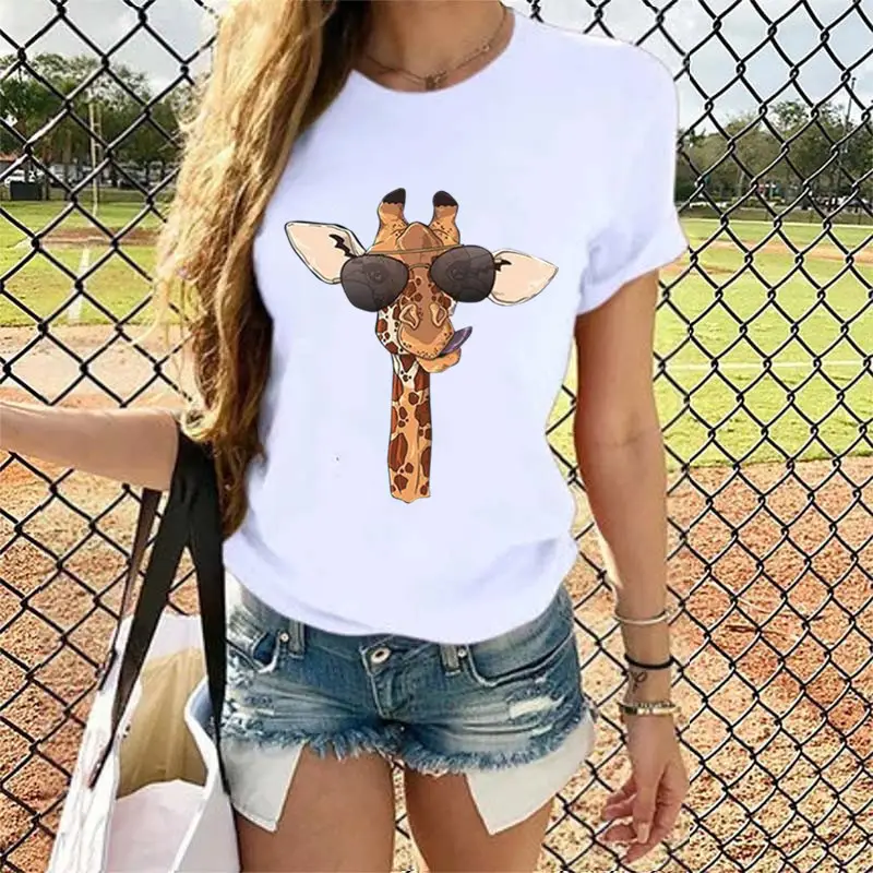 2020 Summer Cartoon Giraffe Printed Women T-Shirt Black - Image 7