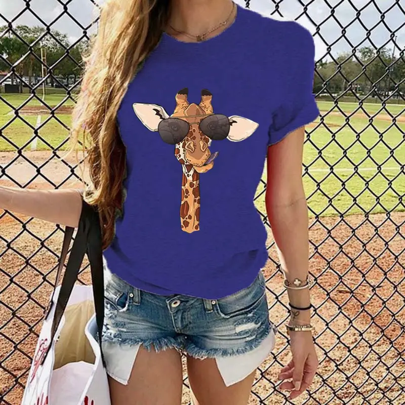 2020 Summer Cartoon Giraffe Printed Women T-Shirt Black - Image 8