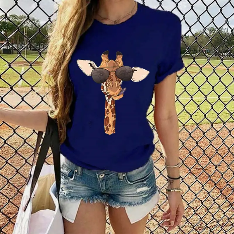 2020 Summer Cartoon Giraffe Printed Women T-Shirt Black - Image 9