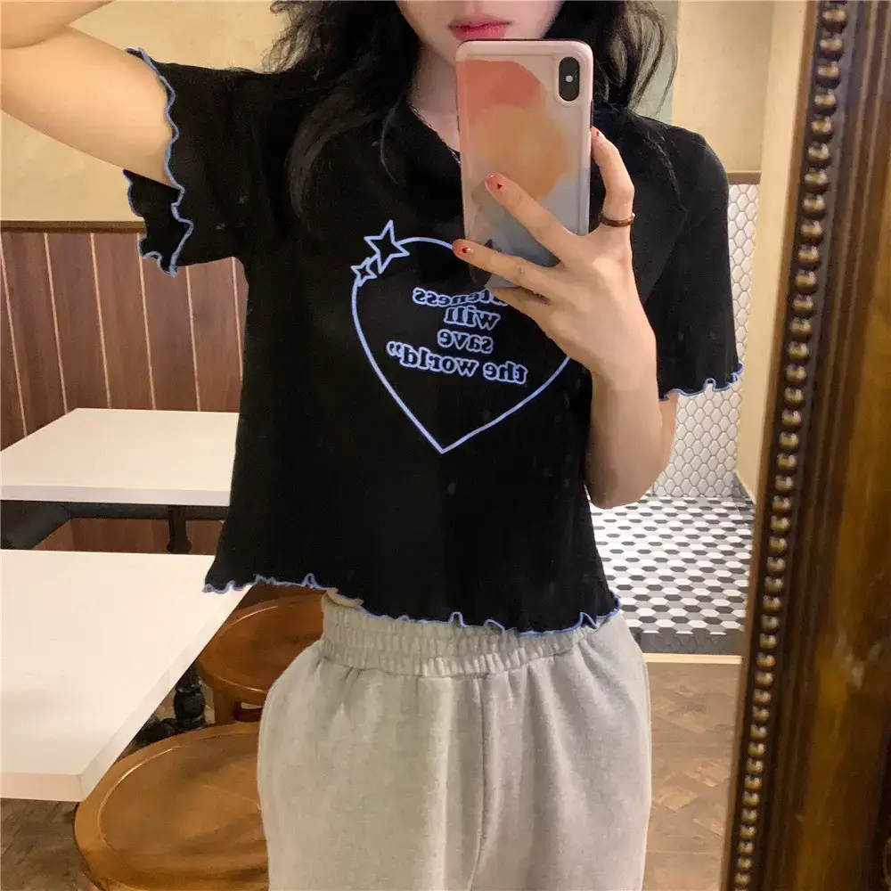 Women Black Heart Print Short Sleeve T-Shirt 2025 — feature 37
