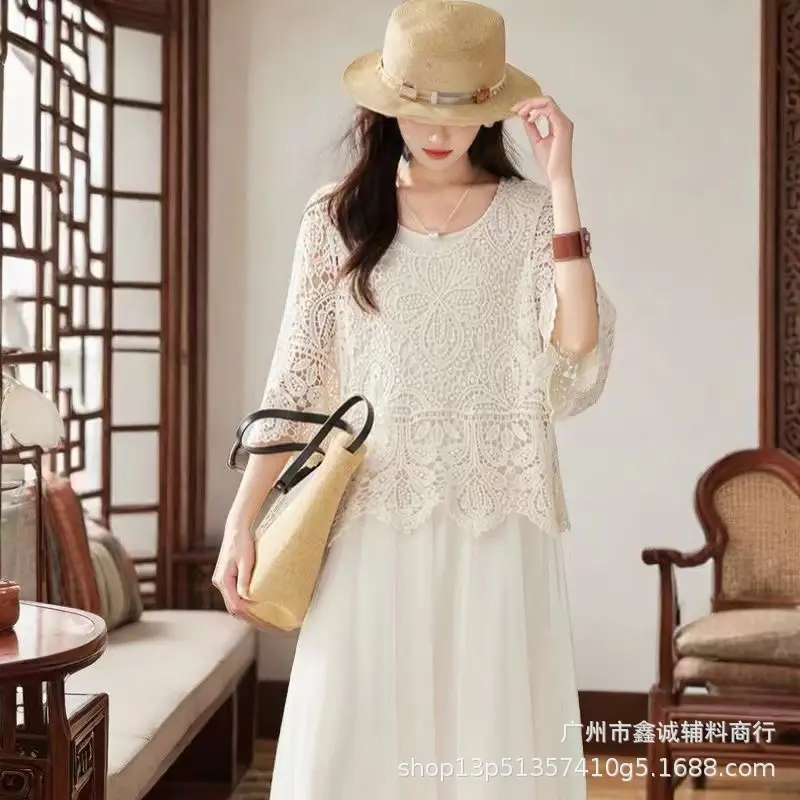Women's White Lace French Square Collar Boissonnade Top - Image 21