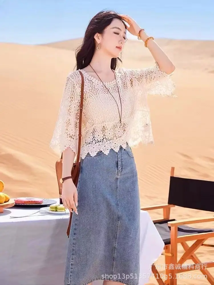 Women's White Lace French Square Collar Boissonnade Top - Image 23
