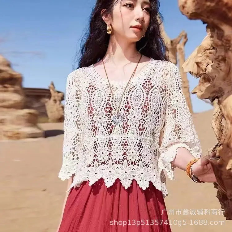 Women's White Lace French Square Collar Boissonnade Top - Image 24