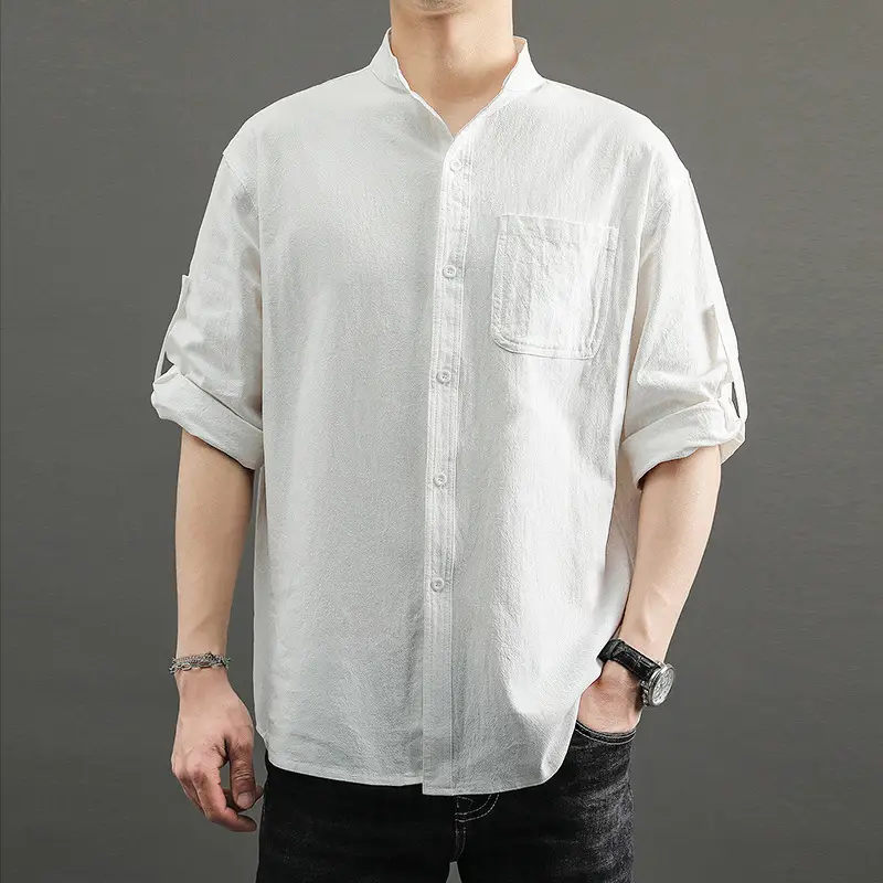 Men's Chinese Style Linen Shirt Green Short Sleeve Large - Image 6