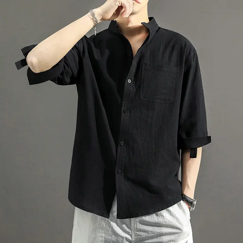 Men's Chinese Style Linen Shirt Green Short Sleeve Large - Image 7