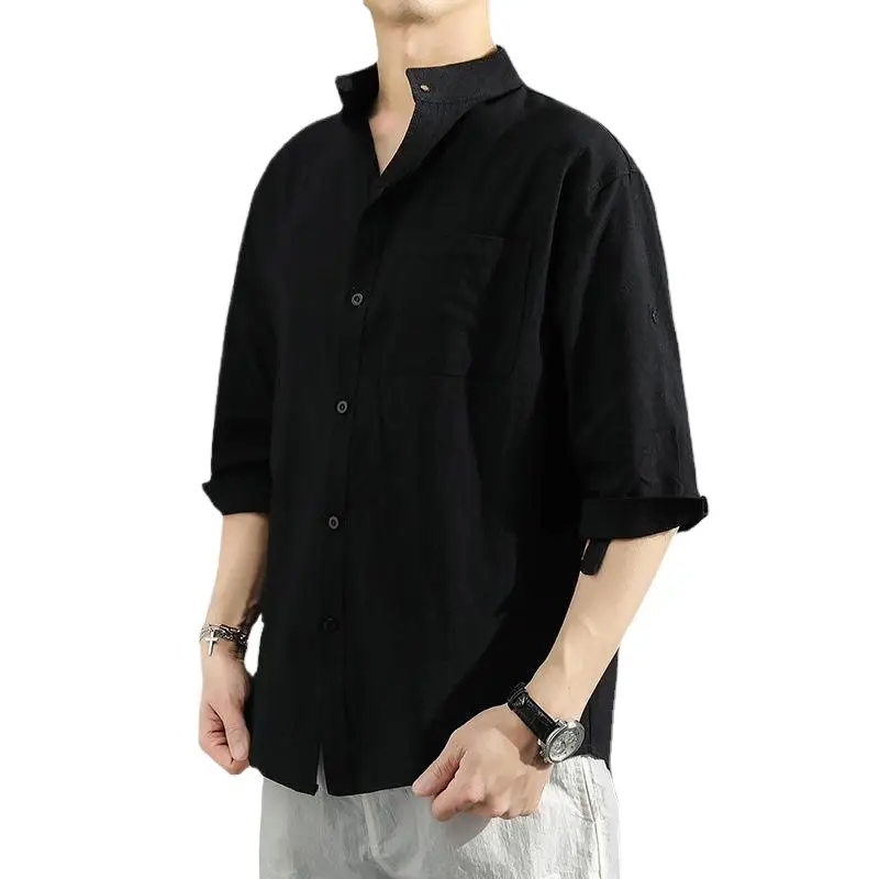 Men's Chinese Style Linen Shirt Green Short Sleeve Large - Image 8