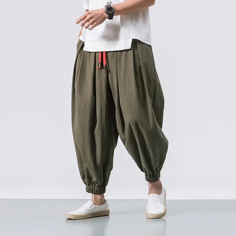 Men Loose Fit Harem Pants Black Cotton Large