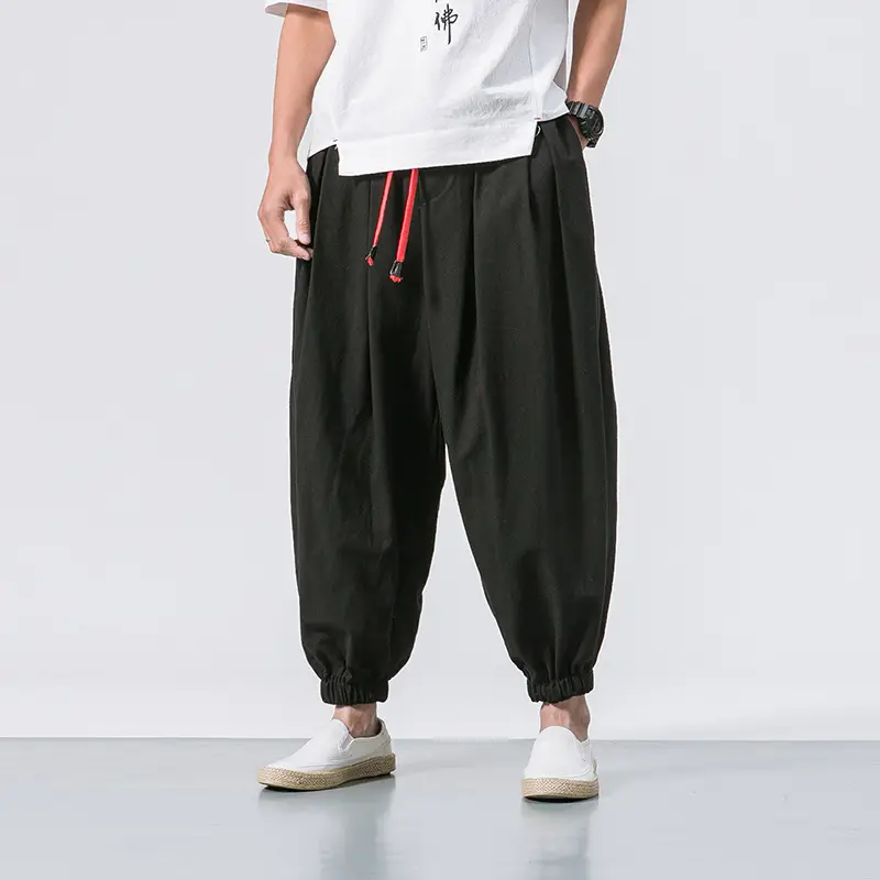 Men Loose Fit Harem Pants Black Cotton Large