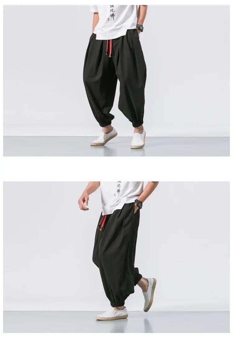 Men Loose Fit Harem Pants Black Cotton Large — feature 10