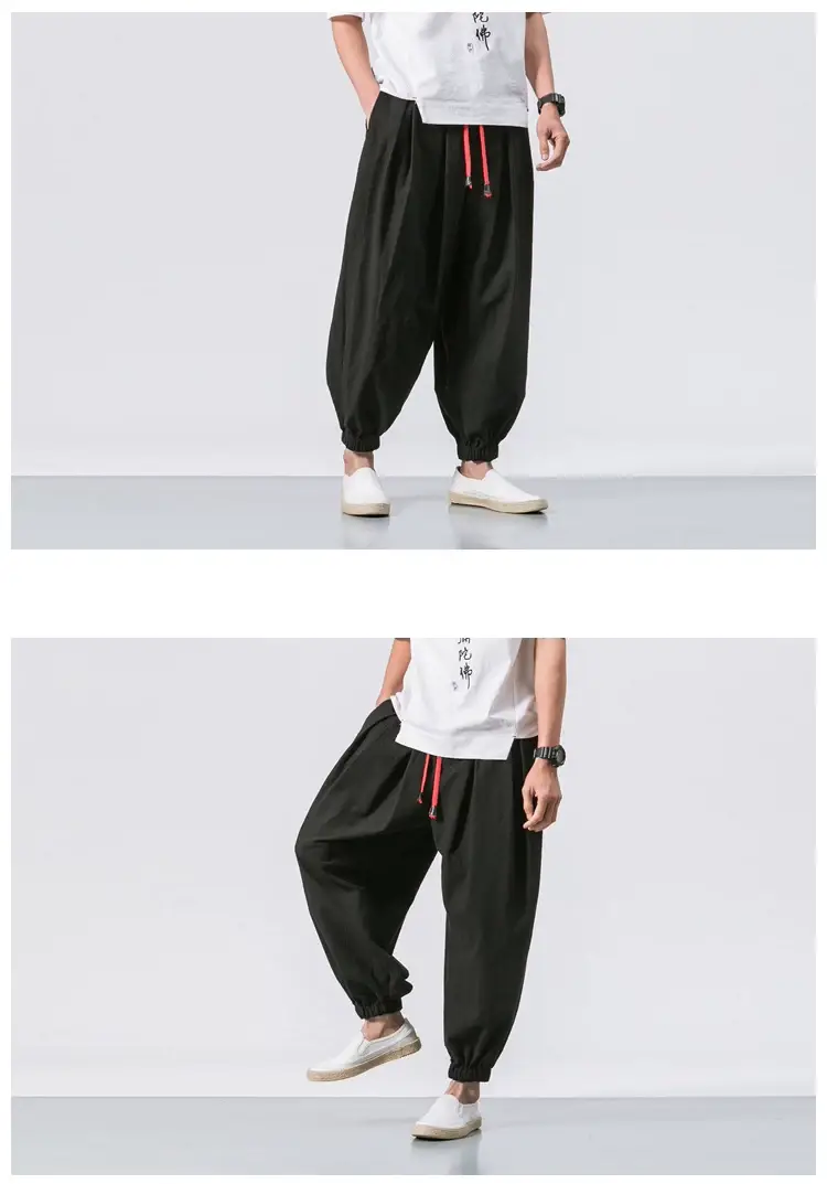 Men Loose Fit Harem Pants Black Cotton Large — feature 11