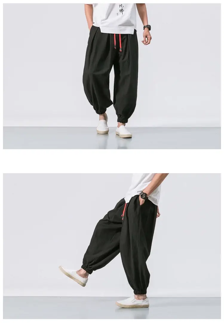 Men Loose Fit Harem Pants Black Cotton Large — feature 9