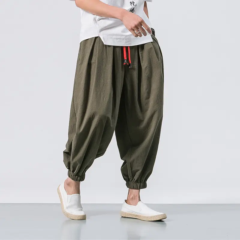 Men Loose Fit Harem Pants Black Cotton Large