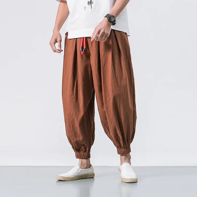 Men Loose Fit Harem Pants Black Cotton Large