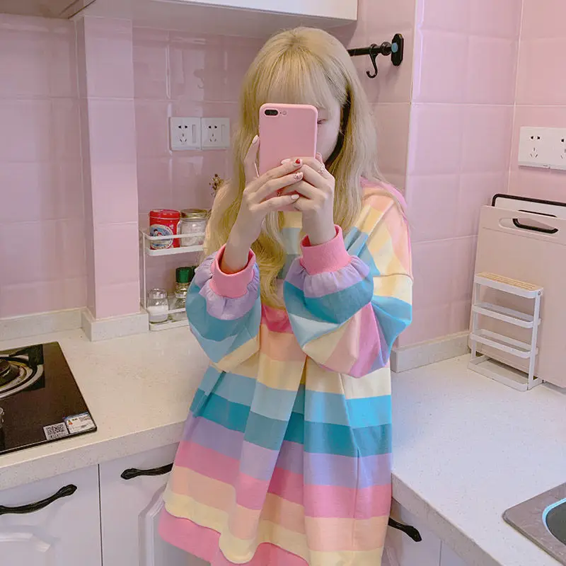Women Rainbow Striped Long Sleeve Hoodie Korean Style Loose Fit - Image 2