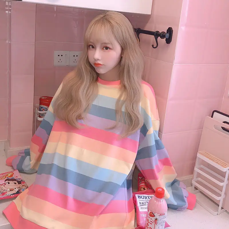 Women Rainbow Striped Long Sleeve Hoodie Korean Style Loose Fit - Image 3