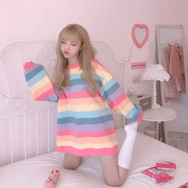Women Rainbow Striped Long Sleeve Hoodie Korean Style Loose Fit - Image 4