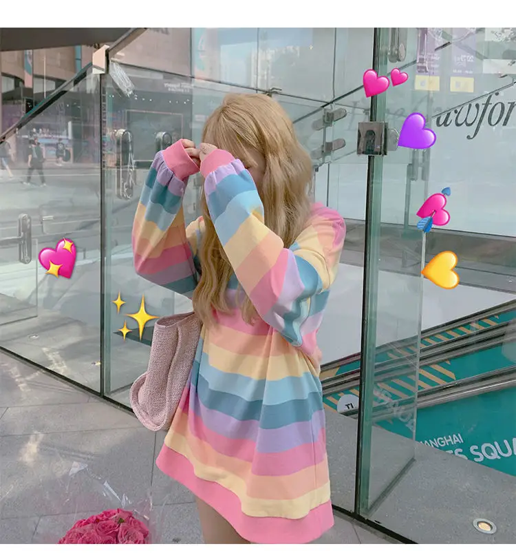 Women Rainbow Striped Long Sleeve Hoodie Korean Style Loose Fit — feature 10