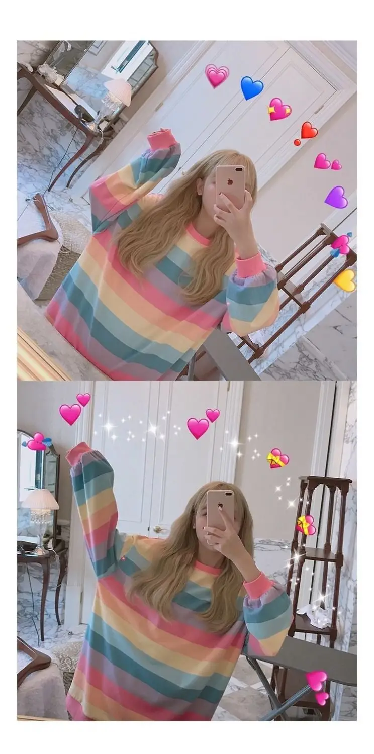 Women Rainbow Striped Long Sleeve Hoodie Korean Style Loose Fit — feature 11