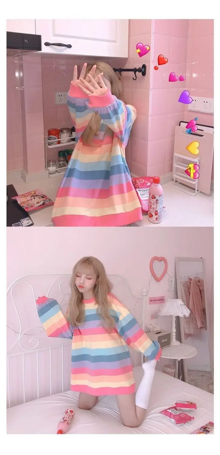 Women Rainbow Striped Long Sleeve Hoodie Korean Style Loose Fit — feature 13