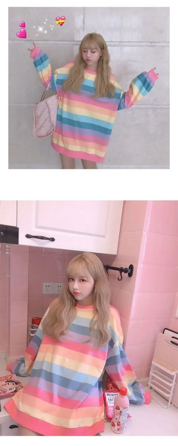 Women Rainbow Striped Long Sleeve Hoodie Korean Style Loose Fit — feature 15