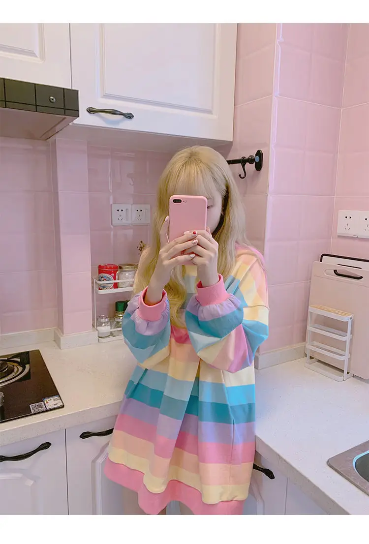 Women Rainbow Striped Long Sleeve Hoodie Korean Style Loose Fit — feature 16