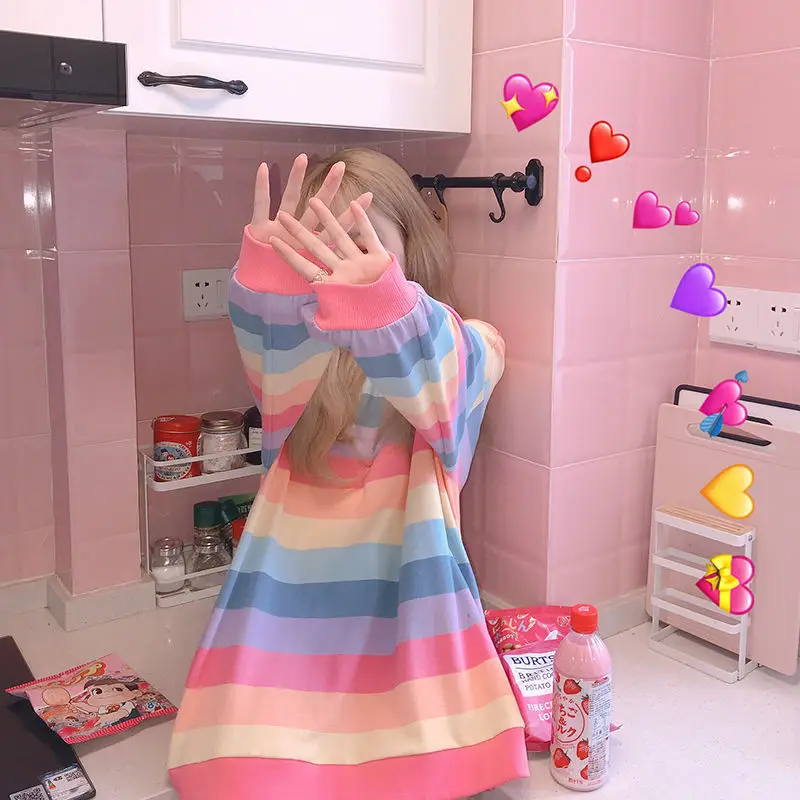 Women Rainbow Striped Long Sleeve Hoodie Korean Style Loose Fit — feature 2